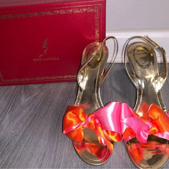 Rene Caovilla Gold and Pink Sandals with Floral Detail - Picture 2 of 3
